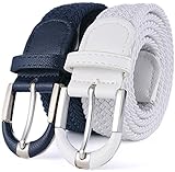 Marino Braided Stretch Belt - Fabric Woven Belt - Casual Weave Elastic Belt for Men and Women - PU Leather Loop and End Tip - Navy/White - L