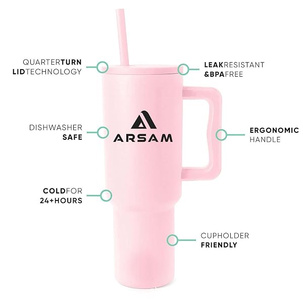 ARSAM TUMBLER WITH HANDLE AND STRAW | LEAK-PROOF, DOUBLE-WALLED, VACUUM-SEALED STAINLESS STEEL TRAVEL MUG | CUPHOLDER-FRIENDLY | INSULATED WATER BOTTLE | PINK 40 OZ