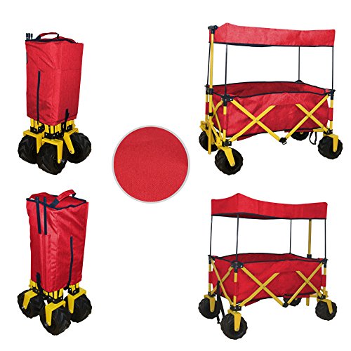 COMPACT FOLDED JUMBO WHEEL RED FOLDING WAGON ALL PURPOSE GARDEN UTILITY BEACH SHOPPING TRAVEL CART OUTDOOR SPORT COLLAPSIBLE WITH CANOPY COVER - EASY SETUP NO TOOL NECESSARY - SPACE SAVER