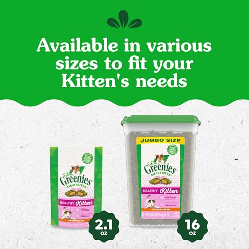GREENIES FELINE SMARTBITES HEALTHY KITTEN TREATS FOR INDOOR KITTENS, CRUNCHY AND SOFT NATURAL CAT TREATS, CHICKEN FLAVOR, 16 OZ. TUB