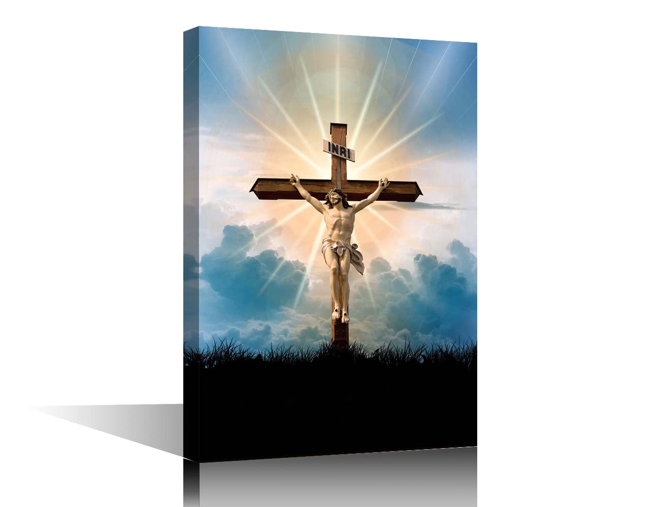 Jesus God Portrait Canvas Wall Decor Crucified Painting Christ Catholic Poster Print Religion Spirituality Blue Picture Home Decor Artwork Framed Gallery Wrapped Stretched Ready to Hang - 24"W x 16"H
