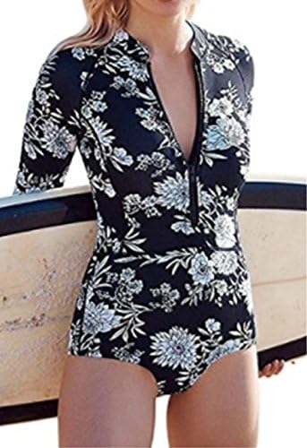 Women's Printed Long Sleeve UV Protection Rash Guard Swimwear Beachwear (L, Black)