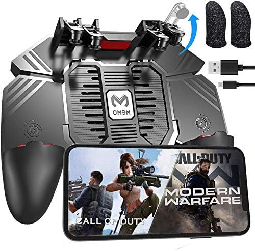 Tomoda Mobile Game Controller for Android/iOS with Cooling Fan/Finger Sleeves, Phone Controller for PUBG/Fortnite/Call of Duty, L1R1 Mobile Triggers for 4.7”-6.5”Phones