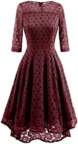 SUITEASY Women Retro Floral Lace Dress 3/4 Sleeve Prom Wedding Cocktail Dress (XX-Large, Wine Red)