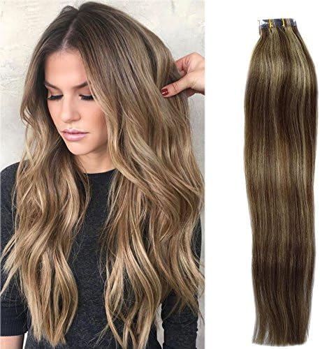 Tape in Hair Extensions Remy Human Hair Brown to Blonde Highlights 50grams/20pcs Seamless Skin Weft Blond Balayage Tape Hair Extensions, 20"