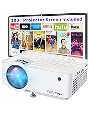 Video Projector, Top Vision 6500L Portable Mini Projector with 100” Projector Screen, 1080P Supported, Built in HI-FI Speakers, Compatible with Fire Stick, HDMI, VGA, USB, TF, AV, PS4
