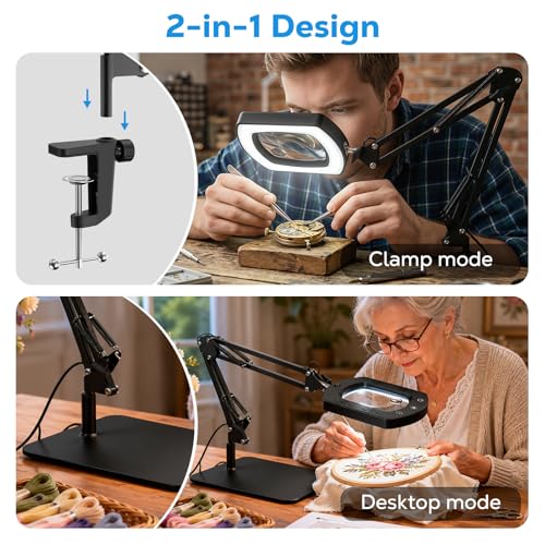 Moko 15 x 30 x Magnifying Glass with Light and Stand, Table Lamp with Clamp, Search with 5 Colour Modes, Continuous Adjustable LED Light, Table Magnifying Glass for Work, Black