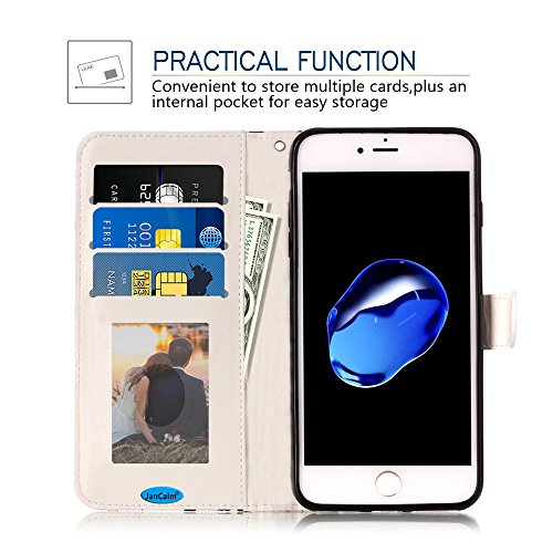 JanCalm iPhone 8 Plus/7 Plus Wallet Case [Kickstand Feature][Card Slots/Side Pocket][Wrist strap] PU Leather Wallet Magnetic Flip Folio Cover for iPhone 8 Plus/7 Plus + Crystal pen (Blue/Flower) - Thumbnail 2