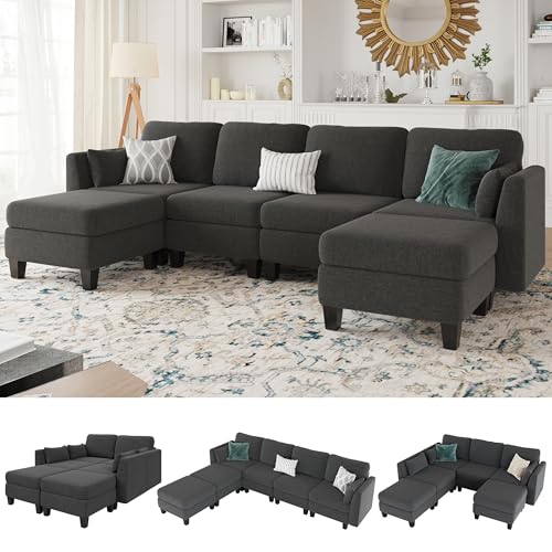 Modular Sectional Sofa, 6 Seaters Modular Sleeper Sofa Couch, Comfy Sectionals Couches Bed, Convertible Sofas with Ottomans, Sectional Couches for Living Room (Darkgray, U1)