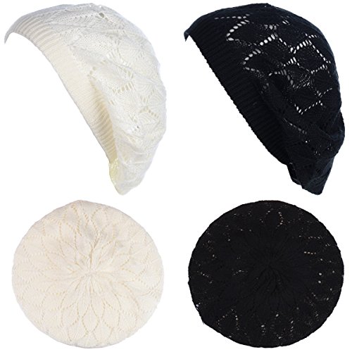BYOS Chic Parisian Style Soft Lightweight Crochet Cutout Knit Beret Beanie Hat (2-Pack Leafy White & Black)