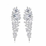 GULICX Shinning Cubic Zirconia Art Deco Leaf Drop Chandelier Dangle Earrings Bride Silver Plated Base