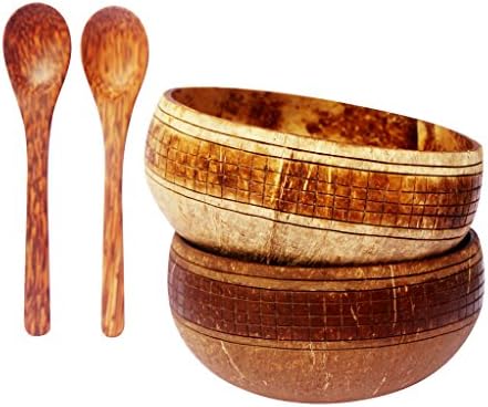 VIBE Natural Hand Carved Coconut Bowls (Set of 2) With 2 Wooden Spoons - Made with LOVE by Artisans I Great Vegan Gift I Perfect for Buddha Smoothie Bowls I Fair Trade (Catalina)