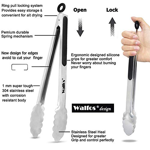 Walfos Premium Sturdy Tongs for BBQ and Grill - 16 & 12 Inch Food Grade Stainless Steel Locking Tongs for Cooking, Kitchen & Barbecue- Set of 2