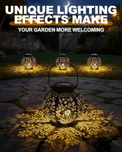 KALAHOL 2 Pack Solar Lanterns Light, Outdoor Lanterns for Garden with Beautiful Pattern, IP44/Auto On Off, Outdoor Hanging Garden Solar Lights for Garden Outside Patio Courtyard Table Balcony