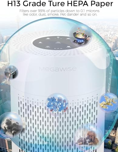 MEGAWISE 2025 Updated Version Smart Air Purifier for Home Large Room up to 1076ft², H13 True HEPA Filter with Smart Air Quality Sensor, Sleep Mode, Quiet for Smoke, Pets Hair, Odors, White