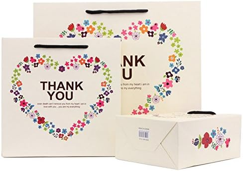 Floral Heart Gift Bags with Handles "Thank You" Birthday Christmas Valentines Day Gifts Paper Bags Medium, 7.9x3.2x7.9" Pack of 6