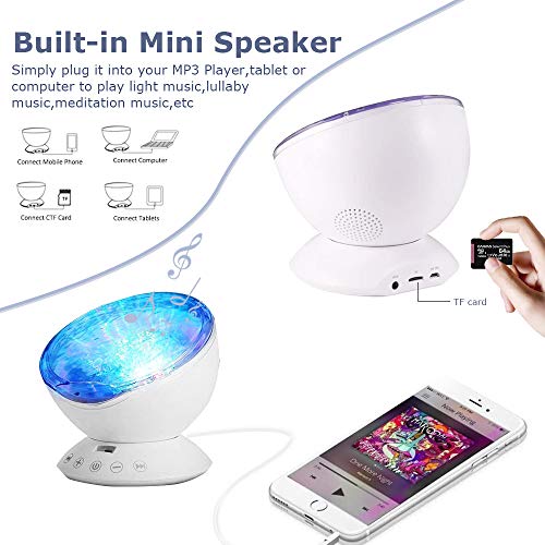 Ocean Wave Projector Lamp Music Player for Kid Adult,7 Color Changing Music Player Night Light Projector LED Concepts Bedroom Living Room Nursery Gift (White)