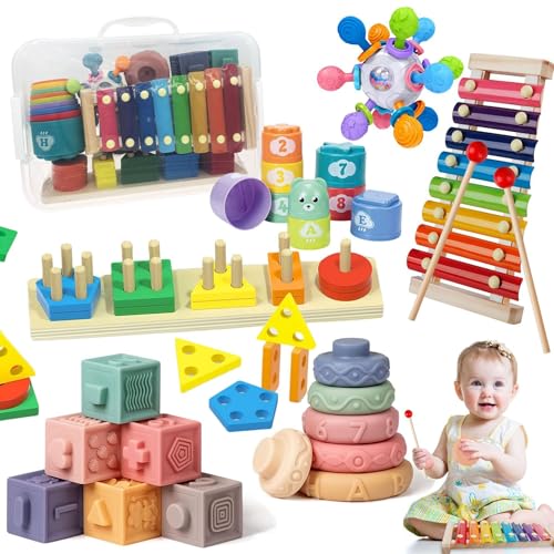 Montessori Baby Toy for 1+ Year Old Sorting Stacking Learning Toys 6-12 Months Wooden Building Blocks, Xylophone Musical, Infant Teethers Toys, 6 in 1 Toy Birthday Gifts for Toddlers 1 2 3 (multi)