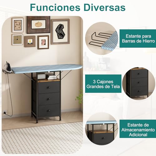 Uzelia Tabla de Planchar Plegable, 110×29×75cm, Burro de Planchar con Soporte para Plancha y Tres Cajones, Estructura de Hierro Más Estable, Adecuado para Salas de Estar, Dormitorios y Lavaderos