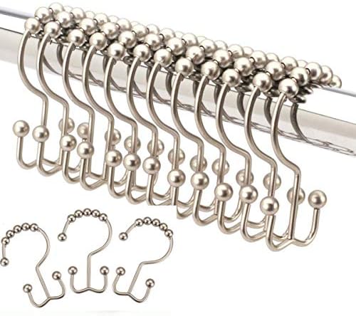 Ailive Double Shower Curtain Rings Hooks Stainless Steel Rustproof Metal Double Roller Glide Bathroom Shower Window Rod Curtains,Set of 12 Hook (Brushed Nickel)