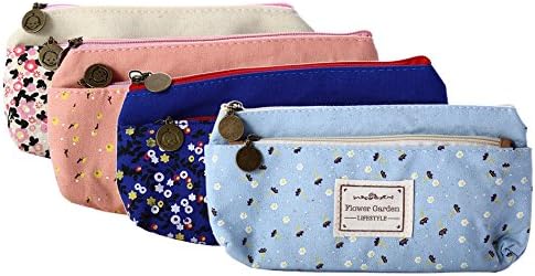 Fashion Flower Canvas Pen Bag Floral Double Zipper Pencil Cases for Children Students ,Set of 4