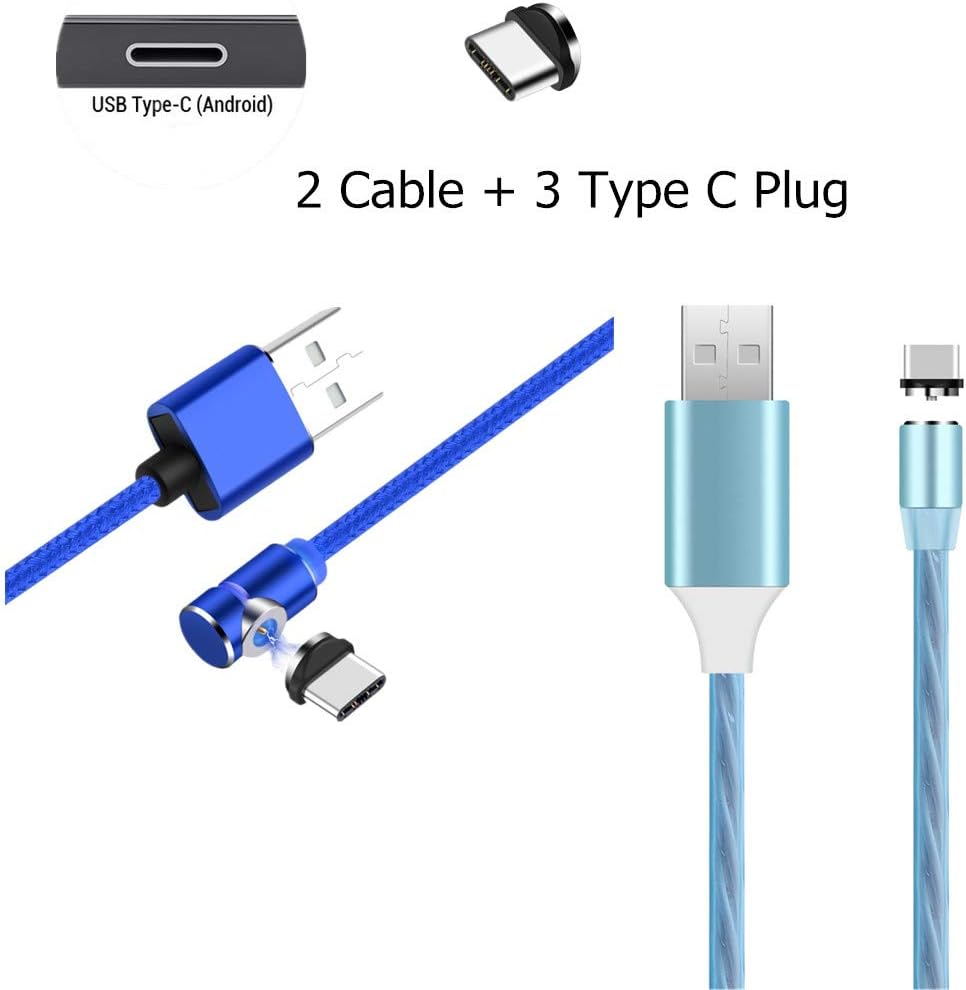 2 Pack USB C Cable Magnetic Luminous Charging Cable 3.3ft 6.6ft USB Cable with 3 USB C Magnetic Plug Compatible with Samsung Galaxy S8/S9/S10 Plus, Huawei Honor 10, LG G6 V30 and More (Blue)