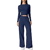 QINSEN Womens 2 Piece Sets Long Sleeve Slim Fit Crop Tops Wide Leg Pants Matching Lounge Set