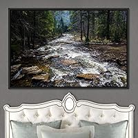 Framed Canvas Wall Art Forest Waterfalls Group Multicolor Nature Photography Realism Relax/Calm - 16x24 inches