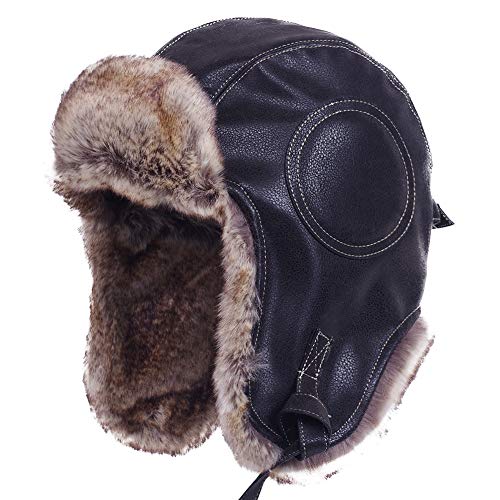 Janey&Rubbins Unisex Winter Knit Russian Ushanka Cossack Trapper Pilot Aviator Cap Hat (M, N - Black Leather)