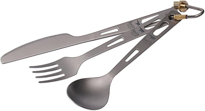 Amazon キースチタニウムカトラリー3 In 1フルサイズスプーン フォーク ナイフフラットウェア超軽量ポータブルピクニックキャンプハイキングパッキングバッグ付きバックパッキング アウトドア旅行道具 一年間品質保証 Keith ナイフ フォーク スプーン