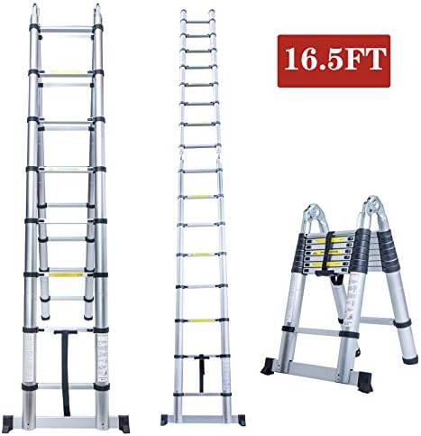 16.5FT A Frame Aluminum Multi-Purpose Folding Telescopic Telescoping Ladder Extension Foldable Portable Heavy Duty - EN131 Certified - 330 Pound Capacity