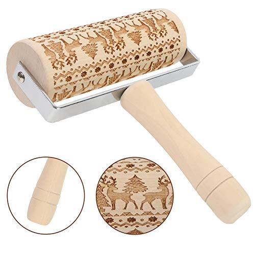 Koogel Christmas Pastry Roller with Handle, Winter Theme Roller Non-Stick Wooden Rolling Pin with Patterns Plus 5PCS Cookie Molds for Christmas Parties Family Parties Winter Theme Bakery Pastry