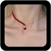 Iaceble Vintage Red Velvet Choker Necklace Boho Pearl Chain Love Heart Pendant Necklace for Women