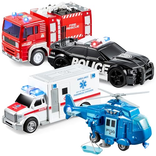 JOYIN Set of 4 Friction-Powered Urban Heroes Including Fire Truck, Ambulance, Police Car and Helicopter, Emergency Vehicles with Light and Sound