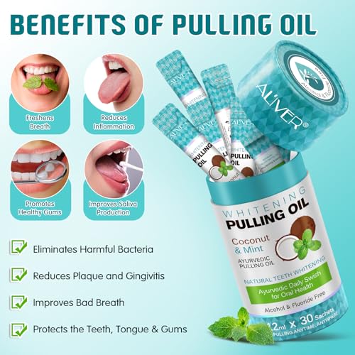 Coconut Pulling Oil for Teeth 30pcs, Oil Pulling, Natural Oral Care, Fights Bad Breath, Alcohol-Free, Tooth Whitening, Gum Health, Dye Free, Antigingivitis Oral Rinse