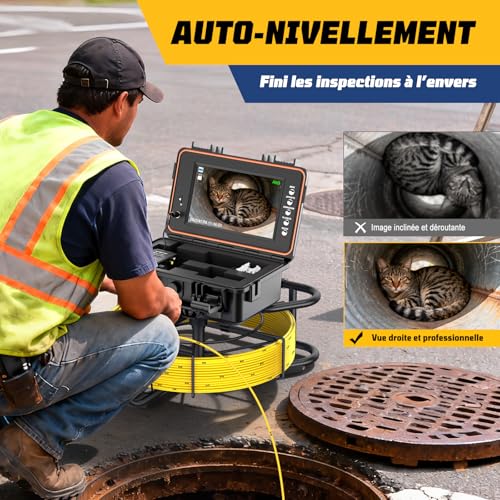 Dnenellr Pipeline Inspection Camera, Self-Leveling 1080P Camera and 512Hz Transmitter, 7MM Reinforced Cable with Metric Markers, 9 Inch HD IPS Screen, 32GB DVR, 5100mAh Battery, IP68 (50M)