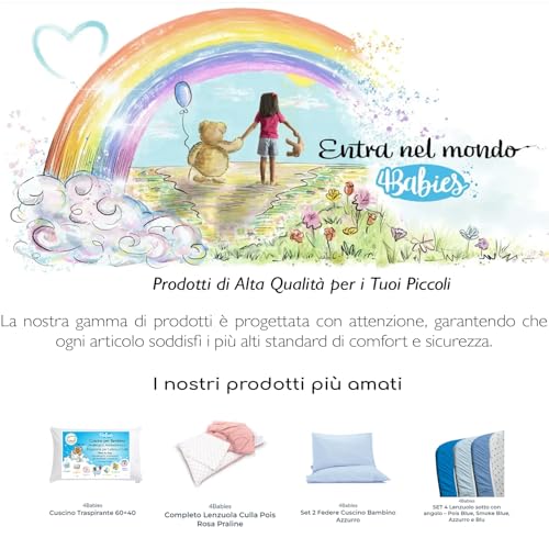 4BABIES - Baby Cot Cushion 40 x 60 cm, Breathable Hypoallergenic Children's Pillow with 100% Italian Cotton Cover, Hypoallergenic Anti-Dust Mite for Crib