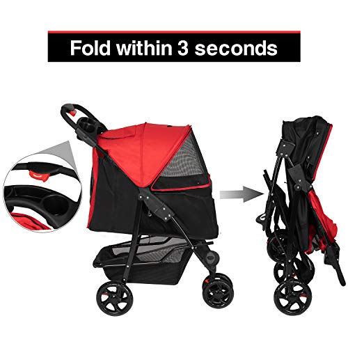 Peachtree Press Inc Foldable Pet Stroller Portable Travel Carrier for Dogs/Cats 3 Wheeler Pet Cart with Storage Basket Waterproof Cup Holders Red