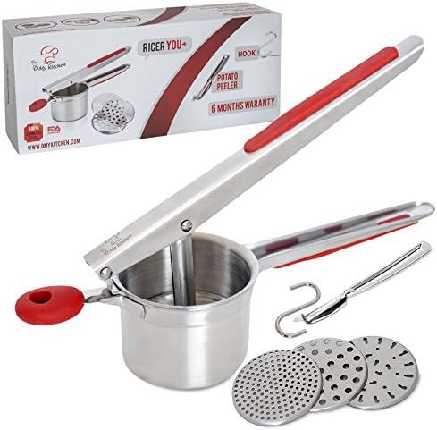 Potato Ricer And Masher 100% Stainless Steel - Vegetables Peeler + Hook - Set In Red Color – Perfect Gifting Idea On All Occasions