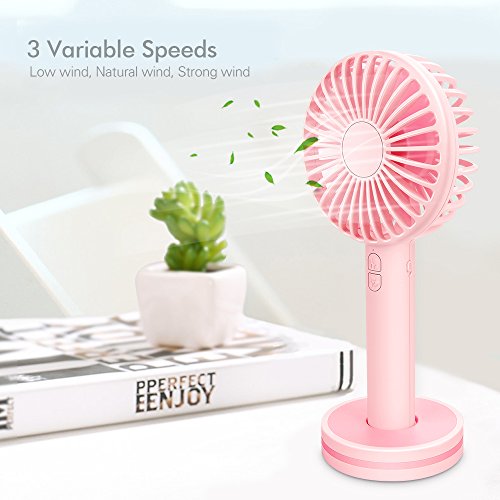 Betheaces Portable Mini Handheld Fan, Small USB Battery Operated Fan with Mirror Base, 3 Speed Electric Table Desk Personal Fans for Women Outdoor Indoor Camping Travel Home Office Cooling (Pink)