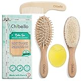 Chibello 4 Piece Wooden Baby Hair Brush and Comb Set | Natural Goat Bristles Brush for Cradle Cap Treatment | Wood Bristle Brush for Newborns and Toddlers | Perfect for Baby Shower and Registry