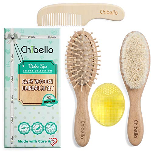 Chibello 4 Piece Wooden Baby Hair Brush and Comb Set Natural Goat Bristles Hair Brush for Cradle Cap Treatment Wood Bristle Brush for Newborns and Toddlers Best Baby Shower and Registry Gift