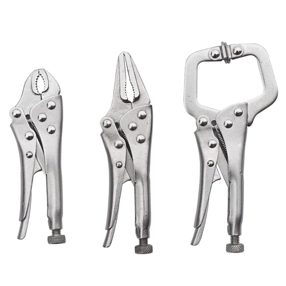 SCHNRR 3Pcs Mini Vise Locking Pliers Set Curved Jaw Pliers and Long Nose and C Clamp Assorted Locking Welding Clamp