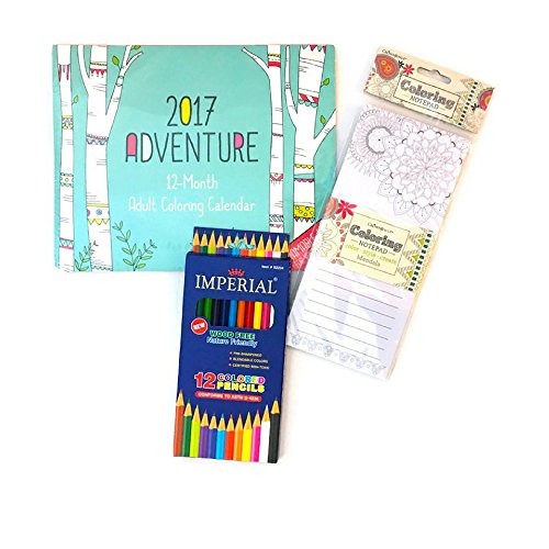 2017 Adventure 12 month Coloring Book Calender Bundle: Includes Coloring Calender, Wood Free Colored Pencils and Coloring Notepad