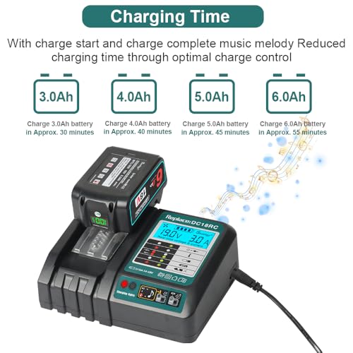 Powarobor DC18RC 18V Fast Charger Compatible with Makita 14.4V-18V Replacement Battery with LCD Display BL1830B BL1850B BL1860B