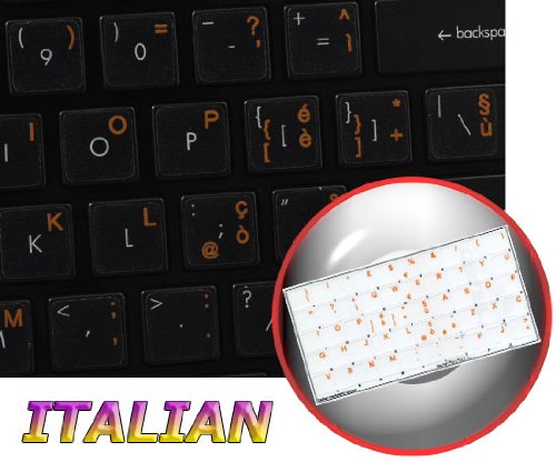 ITALIAN KEYBOARD LABELS ON TRANSPARENT BACKGROUND WITH ORANGE LETTERING (14X14)