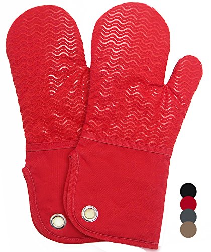 Heat Resistant Kitchen Oven Mitts With Non-Slip Silicone Groment Set of 2, Oven Gloves and Pot Holders for BBQ Cooking set Baking Grilling Barbecue Microwave Machine Washable Women and Men (Red-Pint)