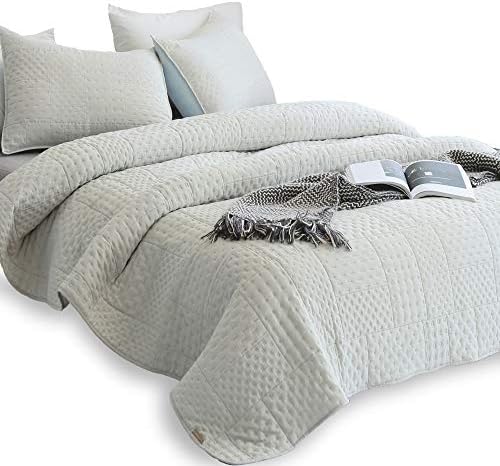 DOMDEC Super Soft Quilt Set 3 Piece Stone Washed Quilted Coverlet Set Light Weight Comforter Set Hypoallergenic Machine Washable (Fairest Gray/Sky Blue, Full/Queen Set)