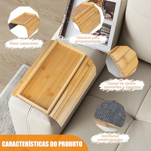 Mesa de Braço de Sofá 2 em 1, Bandeja de Braço de Sofá de Bambu, Bandeja Dobrável para Apoio de Braço