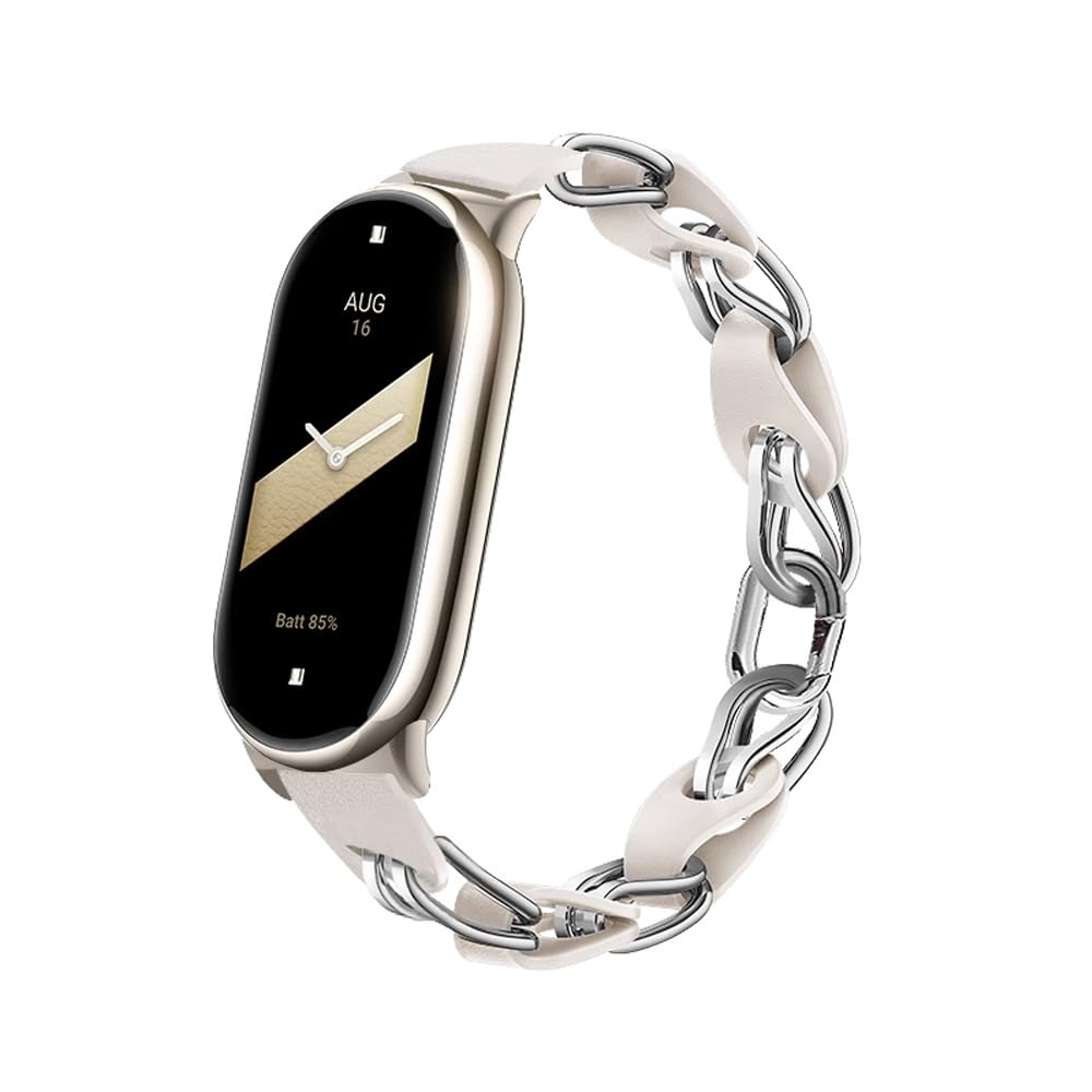 XIHAMA Compatible for Xiaomi Mi Band 9 Band,Replacement Strap Openwork Design Stainless Steel Ring Leather Chain Belt Mi band 8 Belt Breathable Elegant Replacement Band for Ladies (White Silver)